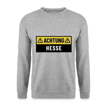 Achtung Hesse - Regionaler Spruch - Unisex Pullover - Weißgrau meliert - Vorne - Alina (178cm) & Michal (187cm)