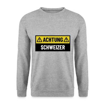 Achtung Schweizer - Regionaler Spruch - Unisex Pullover - Weißgrau meliert - Vorne - Alina (178cm) & Michal (187cm)