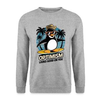 Optimismus Steht Dir Gut Surfen Pinguin - Unisex Pullover - Weißgrau meliert - Vorne - Alina (178cm) & Michal (187cm)