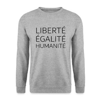 Liberté Égalité Humanité - Mehr Menschlichkeit - Unisex Pullover - Weißgrau meliert - Vorne - Alina (178cm) & Michal (187cm)
