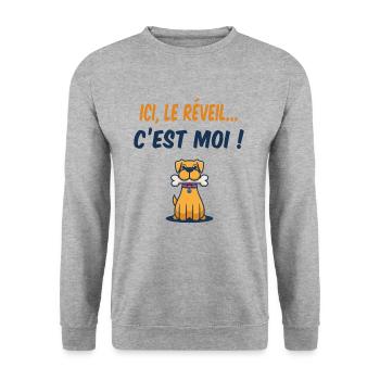 Ici, le réveil c'est moi ! le chien - Sweat-shirt Unisexe - gris chiné - Devant - Alina (178cm) & Michal (187cm)
