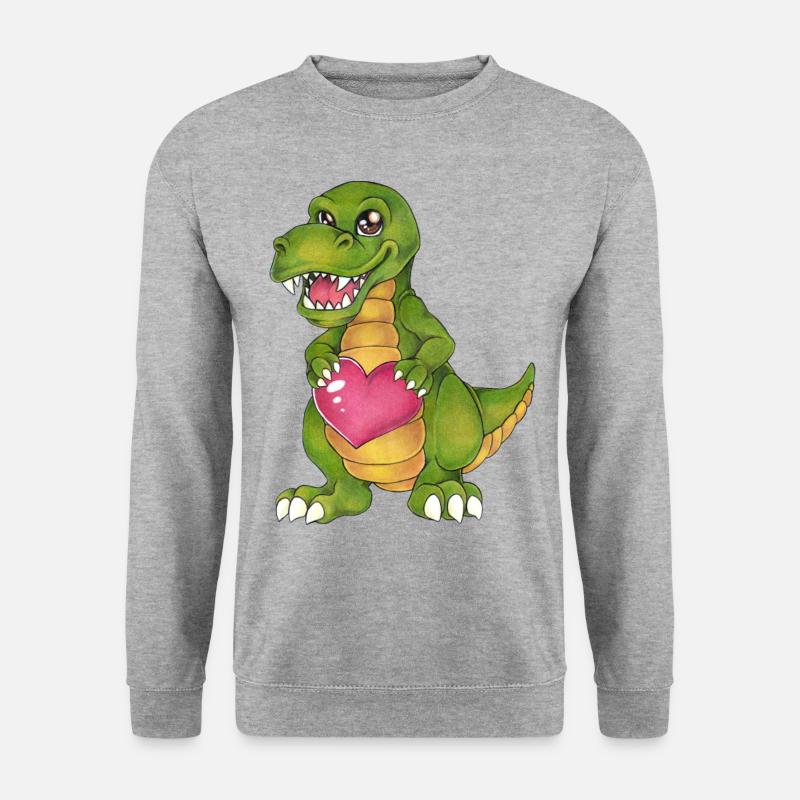 Niedlicher T Rex mit Herz süßer Comic Dinosaurier - Unisex Pullover - Weißgrau meliert