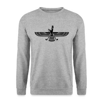 Faravahar, Zarathustra, Symbol of Higher Spirit - Unisex Sweatshirt - salt & pepper - Front - Alina (178cm) & Michal (187cm)