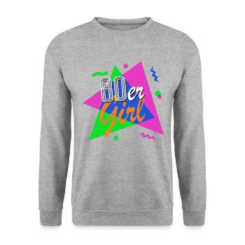 80er Girl - 80er Jahre - bunt + verrückt - retro - Unisex Pullover - Weißgrau meliert - Vorne - Alina (178cm) & Michal (187cm)