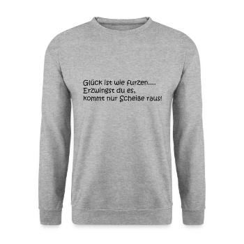 Glück ist wie furzen....Lustiges Geschenk - Unisex Pullover - Weißgrau meliert - Vorne - Alina (178cm) & Michal (187cm)