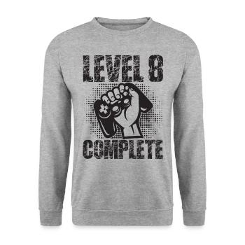 Level 8 Complete Geburtstagsgeschenk 8 Jahre Gamer - Unisex Pullover - Weißgrau meliert - Vorne - Alina (178cm) & Michal (187cm)