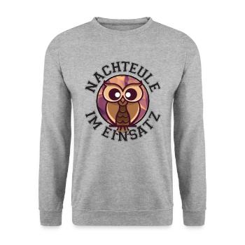 Nachteule im Einsatz Nachtdienst Eule - Unisex Pullover - Weißgrau meliert - Vorne - Alina (178cm) & Michal (187cm)