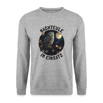 Nachteule im Einsatz Eule Vollmond Nachtdienst - Unisex Pullover - Weißgrau meliert - Vorne - Alina (178cm) & Michal (187cm)