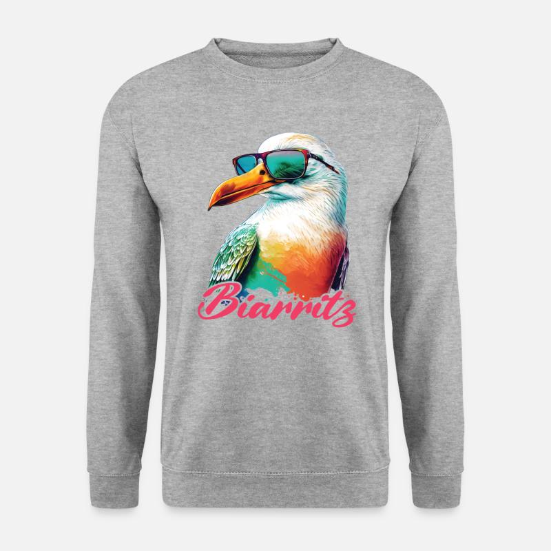 Biarritz Urlaub coole bunte Möwe mit Sonnenbrille - Unisex Pullover - Weißgrau meliert