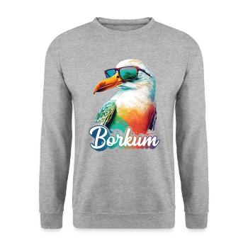 Borkum Urlaub coole bunte Möwe mit Sonnenbrille - Unisex Pullover - Weißgrau meliert - Vorne - Alina (178cm) & Michal (187cm)