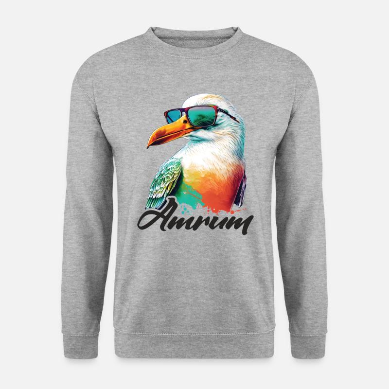 Amrum Urlaub coole bunte Möwe mit Sonnenbrille - Unisex Pullover - Weißgrau meliert