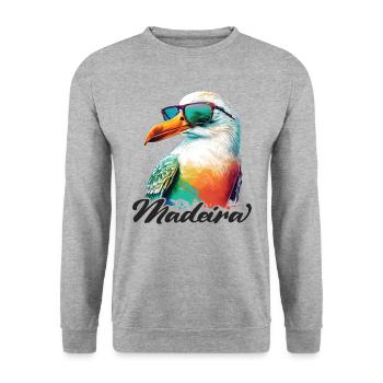 Madeira Urlaub coole bunte Möwe mit Sonnenbrille - Unisex Pullover - Weißgrau meliert - Vorne - Alina (178cm) & Michal (187cm)