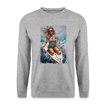 Surfende Schönheit - Vintage Comic Design - Unisex Pullover - Weißgrau meliert - Vorne - Alina (178cm) & Michal (187cm)