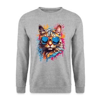 Coole Katze mit Sonnenbrille im Graffiti Look bunt - Unisex Pullover - Weißgrau meliert - Vorne - Alina (178cm) & Michal (187cm)