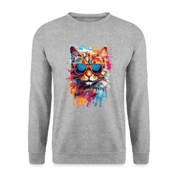 Coole Katze mit Sonnenbrille im Graffiti Look bunt - Unisex Pullover - Weißgrau meliert - Vorne - Alina (178cm) & Michal (187cm)