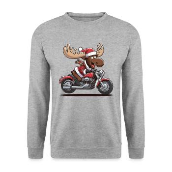 Lustiger Elch Weihnachtsmann fährt Motorrad - Unisex Pullover - Weißgrau meliert - Vorne - Alina (178cm) & Michal (187cm)