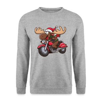 Elch als Weihnachtsmann fährt Motorrad - Unisex Pullover - Weißgrau meliert - Vorne - Alina (178cm) & Michal (187cm)