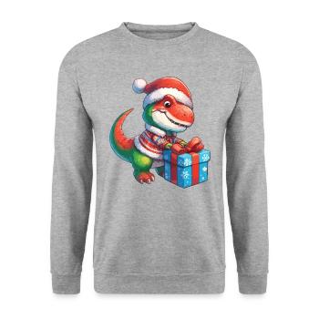 T-Rex Dino Kind Geschenk auspacken - Unisex Pullover - Weißgrau meliert - Vorne - Alina (178cm) & Michal (187cm)