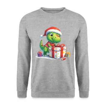 Kleiner T-Rex Dino packt Geschenke aus - Unisex Pullover - Weißgrau meliert - Vorne - Alina (178cm) & Michal (187cm)