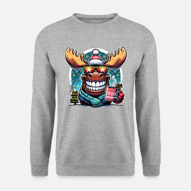 Elch Rentier Weihnachten Glühwein trinken - Unisex Pullover - Weißgrau meliert