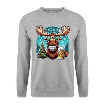 Elch Rentier Weihnachten Bier trinken - Unisex Pullover - Weißgrau meliert - Vorne - Alina (178cm) & Michal (187cm)