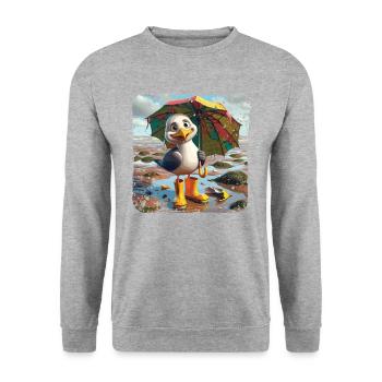 Cheerful seagull with rubber boots and umbrella - Unisex Sweatshirt - salt & pepper - Front - Alina (178cm) & Michal (187cm)