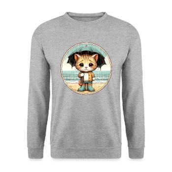 Süße Katze mit Gummistiefel und Regenschirm - Unisex Pullover - Weißgrau meliert - Vorne - Alina (178cm) & Michal (187cm)