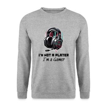I'm not a Player but a Gamer Sprüche Shirt - Unisex Pullover - Weißgrau meliert - Vorne - Alina (178cm) & Michal (187cm)