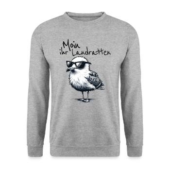 Moin ihr Landratten Lustiger Möwe Spruch - Unisex Pullover - Weißgrau meliert - Vorne - Alina (178cm) & Michal (187cm)