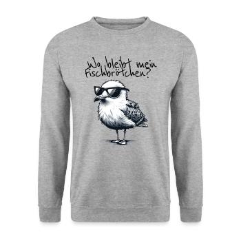 Wo bleibt mein Fischbrötchen Coole Möwe Spruch - Unisex Pullover - Weißgrau meliert - Vorne - Alina (178cm) & Michal (187cm)
