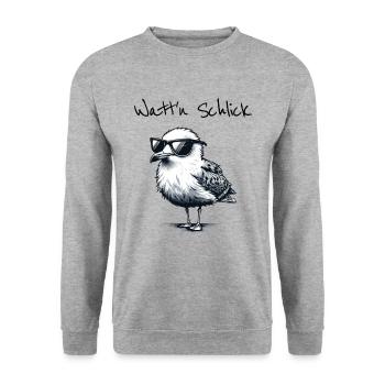 Watt'n Schlick Lustige Wattwanderung Möwe Spruch - Unisex Pullover - Weißgrau meliert - Vorne - Alina (178cm) & Michal (187cm)