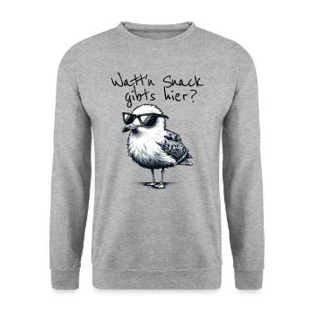 Watt'n Snack gibts hier Coole Möwe Nordsee Spruch - Unisex Pullover - Weißgrau meliert - Vorne - Alina (178cm) & Michal (187cm)