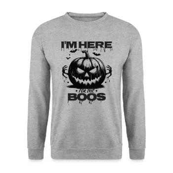Halloween Kürbis I'm here for the Boos - Unisex Pullover - Weißgrau meliert - Vorne - Alina (178cm) & Michal (187cm)