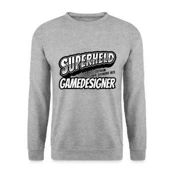 Superheld, clever getarnt als Gamedsigner - Unisex Pullover - Weißgrau meliert - Vorne - Alina (178cm) & Michal (187cm)