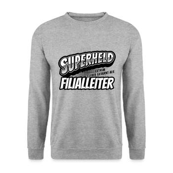 Superheld, clever getarnt als Filialleiter - Unisex Pullover - Weißgrau meliert - Vorne - Alina (178cm) & Michal (187cm)