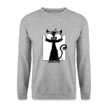 Niedliche Schwarze Katze mit Brille "Lesekatze" - Unisex Pullover - Weißgrau meliert - Vorne - Alina (178cm) & Michal (187cm)