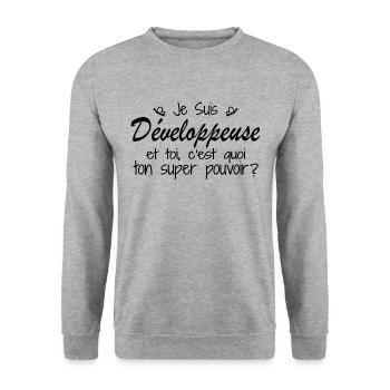 Ich bin Entwickler. Was ist deine Superkraft? - Unisex Pullover - Weißgrau meliert - Vorne - Alina (178cm) & Michal (187cm)