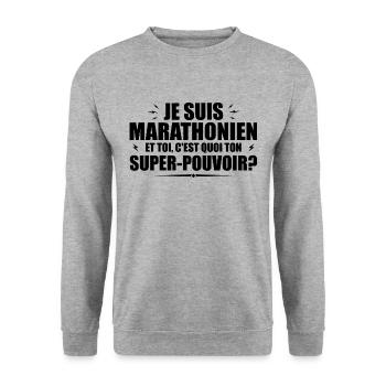 Je suis Marathonien. C'est quoi ton super pouvoir - Sweat-shirt Unisexe - gris chiné - Devant - Alina (178cm) & Michal (187cm)