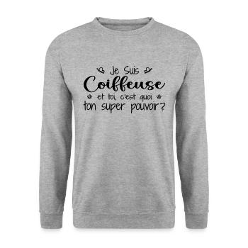 Ich bin Friseur. Was ist deine Superkraft? - Unisex Pullover - Weißgrau meliert - Vorne - Alina (178cm) & Michal (187cm)