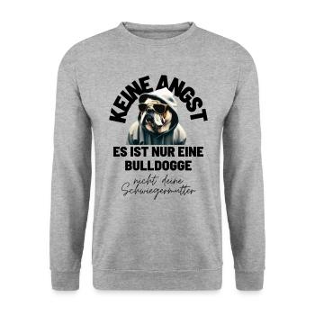KEINE ANGST ... Bulldogge Bulldog Bulldoggen - Unisex Pullover - Weißgrau meliert - Vorne - Alina (178cm) & Michal (187cm)