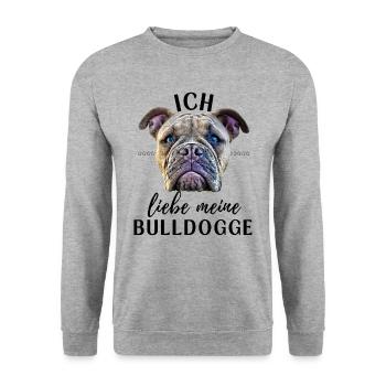 ICH LIEBE MEINE Bulldogge Bulldog Bulldoggen - Unisex Pullover - Weißgrau meliert - Vorne - Alina (178cm) & Michal (187cm)