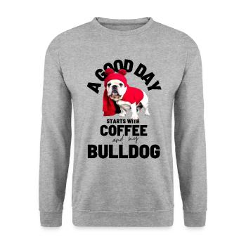 UNE BONNE JOURNÉE COMMENCE avec Coffee & Bulldog - Sweat-shirt Unisexe - gris chiné - Devant - Alina (178cm) & Michal (187cm)