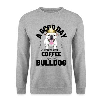 UNE BONNE JOURNÉE COMMENCE avec Coffee & Bulldog - Sweat-shirt Unisexe - gris chiné - Devant - Alina (178cm) & Michal (187cm)