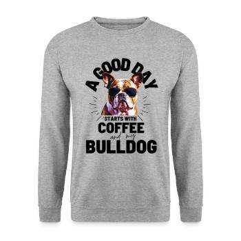 UNE BONNE JOURNÉE COMMENCE avec Coffee & Bulldog - Sweat-shirt Unisexe - gris chiné - Devant - Alina (178cm) & Michal (187cm)