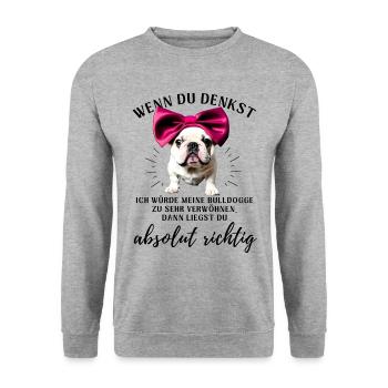 BULLDOGGE VERWÖHNEN Bulldog Bulldogge Bulldoggen - Unisex Pullover - Weißgrau meliert - Vorne - Alina (178cm) & Michal (187cm)