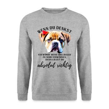 BULLDOGGE VERWÖHNEN Bulldog Bulldogge Bulldoggen - Unisex Pullover - Weißgrau meliert - Vorne - Alina (178cm) & Michal (187cm)