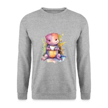 grin grin, axolotl salamander with coffee -Aqu - Unisex Sweatshirt - salt & pepper - Front - Alina (178cm) & Michal (187cm)