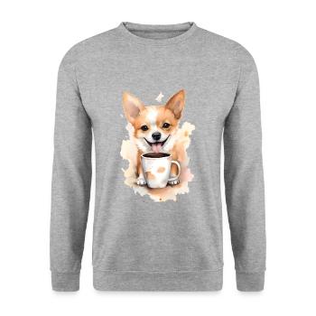 Corgi -Hund mit Kaffee -Aquarellstil - Unisex Pullover - Weißgrau meliert - Vorne - Alina (178cm) & Michal (187cm)