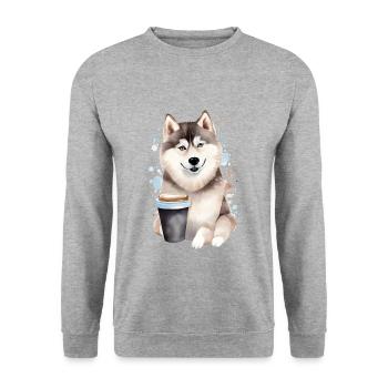 Husky mit Kaffee -Aquarellstil - Unisex Pullover - Weißgrau meliert - Vorne - Alina (178cm) & Michal (187cm)