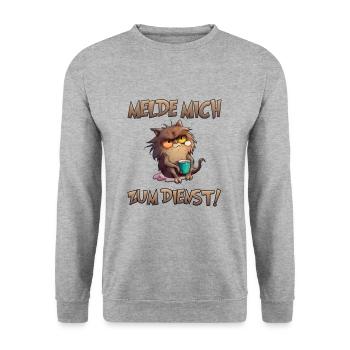 Katze Melde mich zum Dienst - Unisex Pullover - Weißgrau meliert - Vorne - Alina (178cm) & Michal (187cm)